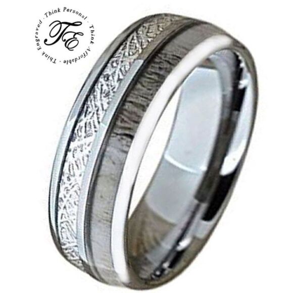 Personalized Men's Real Silver Tungsten Wedding Ring Meteor & Deer Antler Inlay - Picture 1 of 7